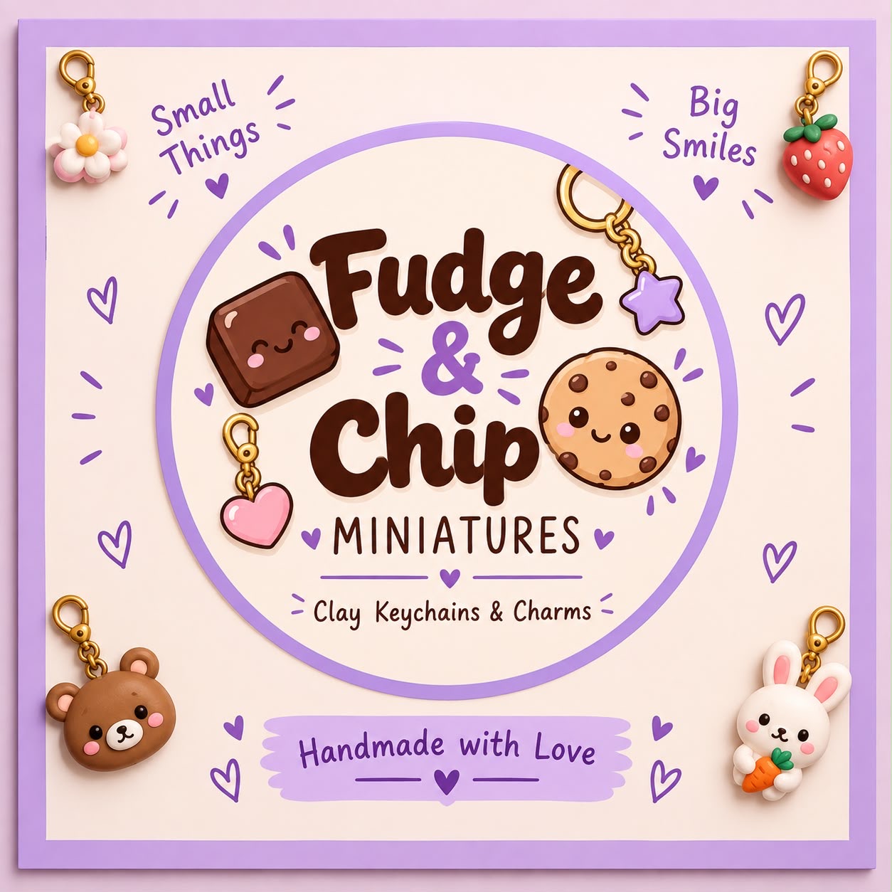 Fudge & chip Miniatures label with handmade keychains and charms