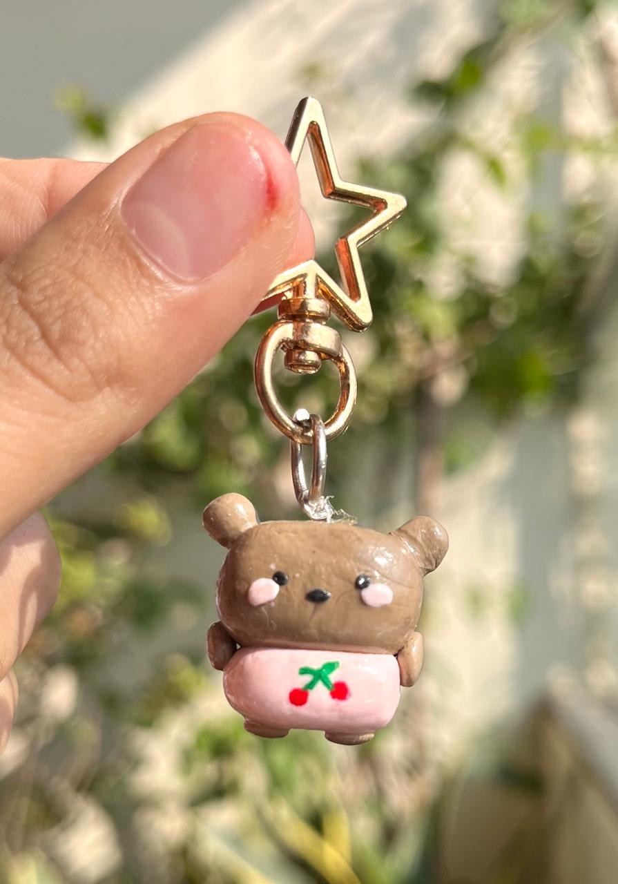 Handmade bear keychain with tiny cherry details