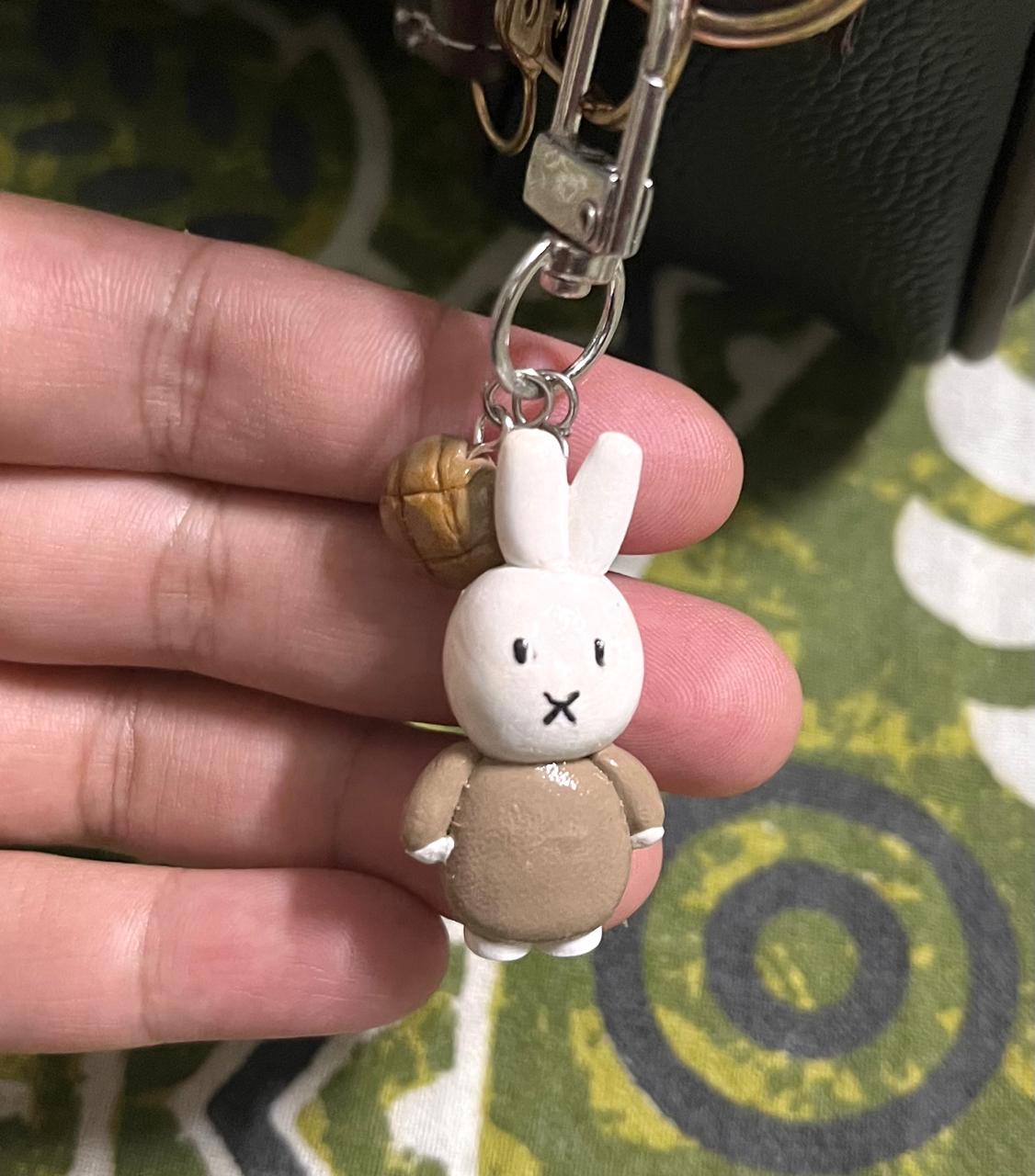White and tan handmade bunny keychain